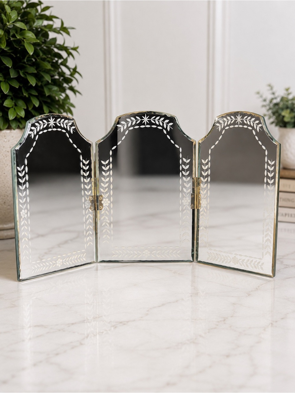 White Barn Candle Co. Tri-Fold Etched Glass Vanity Mirror Floral Vintage Style